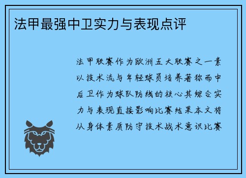 法甲最强中卫实力与表现点评